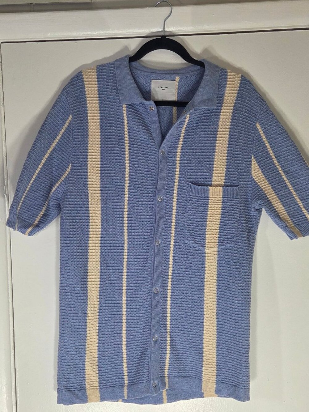 Percival Adaman Breeze Shirt Heather Blue Large Knitted Organic Cotton Polo